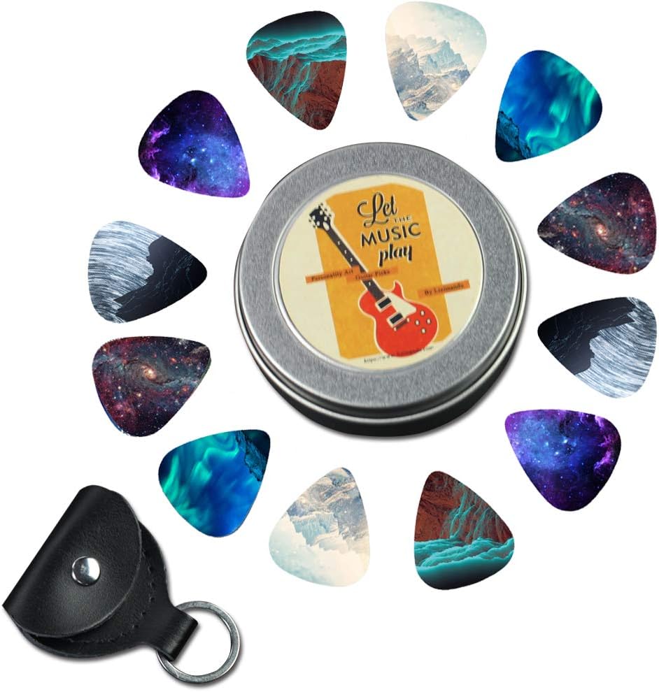 Guitar Picks - Cheliz 12 Medium Gauge Celluloid Guitar Picks In a Box W/ Picks Holder. Unique Guitar Gift For Bass, Electric & Acoustic Guitars (Natural Image) : Musical Instruments