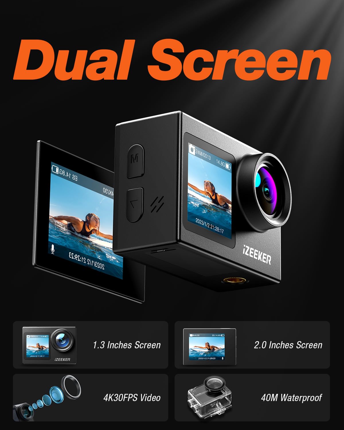 iZEEKER Camera Sport 4K 24MP, Étanché 40M, Camescope 4k avec EIS,Double écran Appareil Photo sous-Marin, WiFi, Vlog Camera, 2X1350mAh Batteries, Télécommande Micro Externe, Kit d'Accessoires
