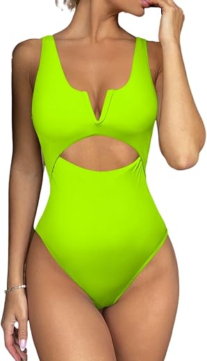 Meyeeka Womens One Piece Swimsuits Tummy Control Bathing Suit for Women Push Up Swimwear V Neck High Cut Monokini, Neon Gr...