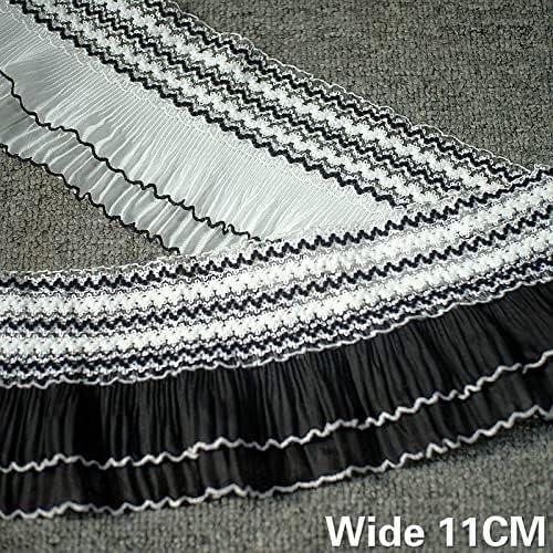 Cinta de flecos bordada plisada encaje gasa doble capa 11CM ancho volante elástico for coser(Black)