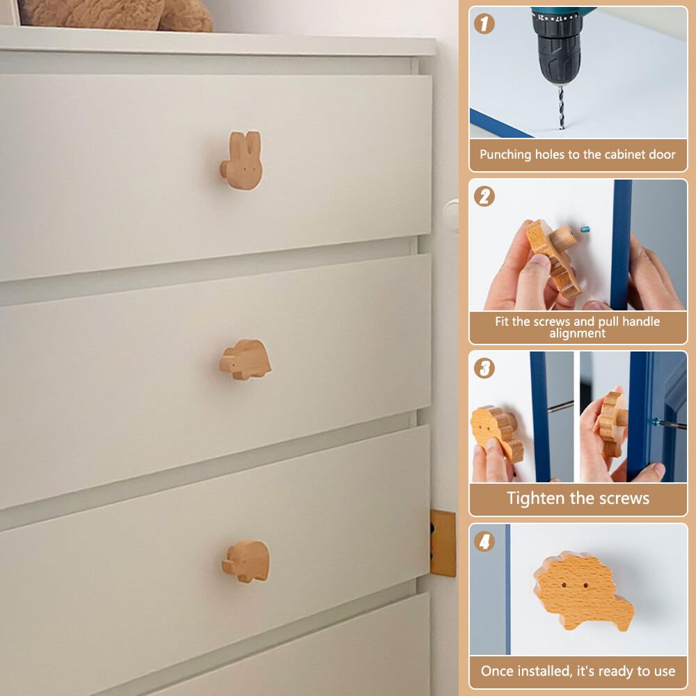 NAVESO 8 pomos de armario de madera para habitación de los niños, tiradores de armario de madera, tiradores de cajones de madera de animales, pomos decorativos de madera con tornillos, pomos para