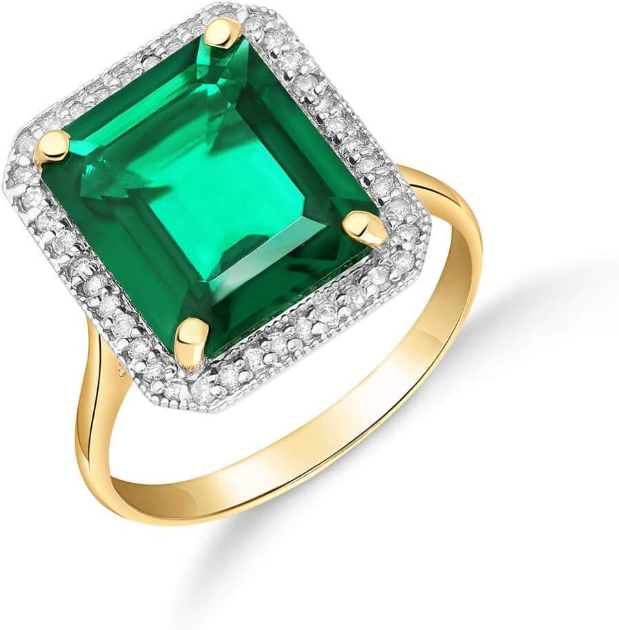 Galaxy Gold GG 4.70 Carat Total Weight 14K Solid Yellow Gold Emerald with Natural Diamonds Halo Ring Brilliant Octagon Emerald Shape Cut Round Diamonds Anniversary Engagement Ring