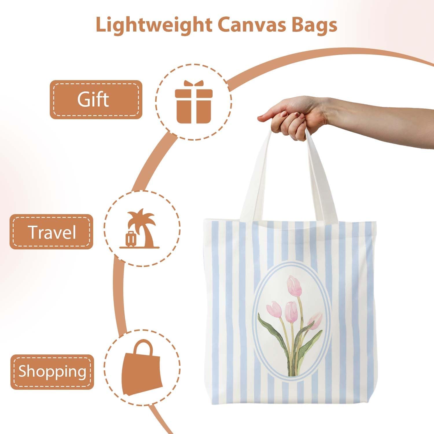 Striped Canvas Bag, Floral Tote Bag for women, Reusable Grocery Shopping Bags