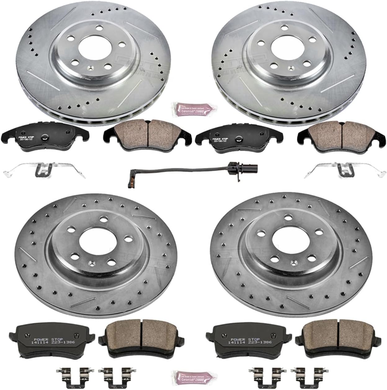 Power Stop K5754 Front and Rear Z23 Carbon Fiber Brake Pads with Drilled & Slotted Brake Rotors Kit and 1 Front Sensor Wire For A4, A4 Quattro, A5, A5 Quattro, Q5 [Model Specific]