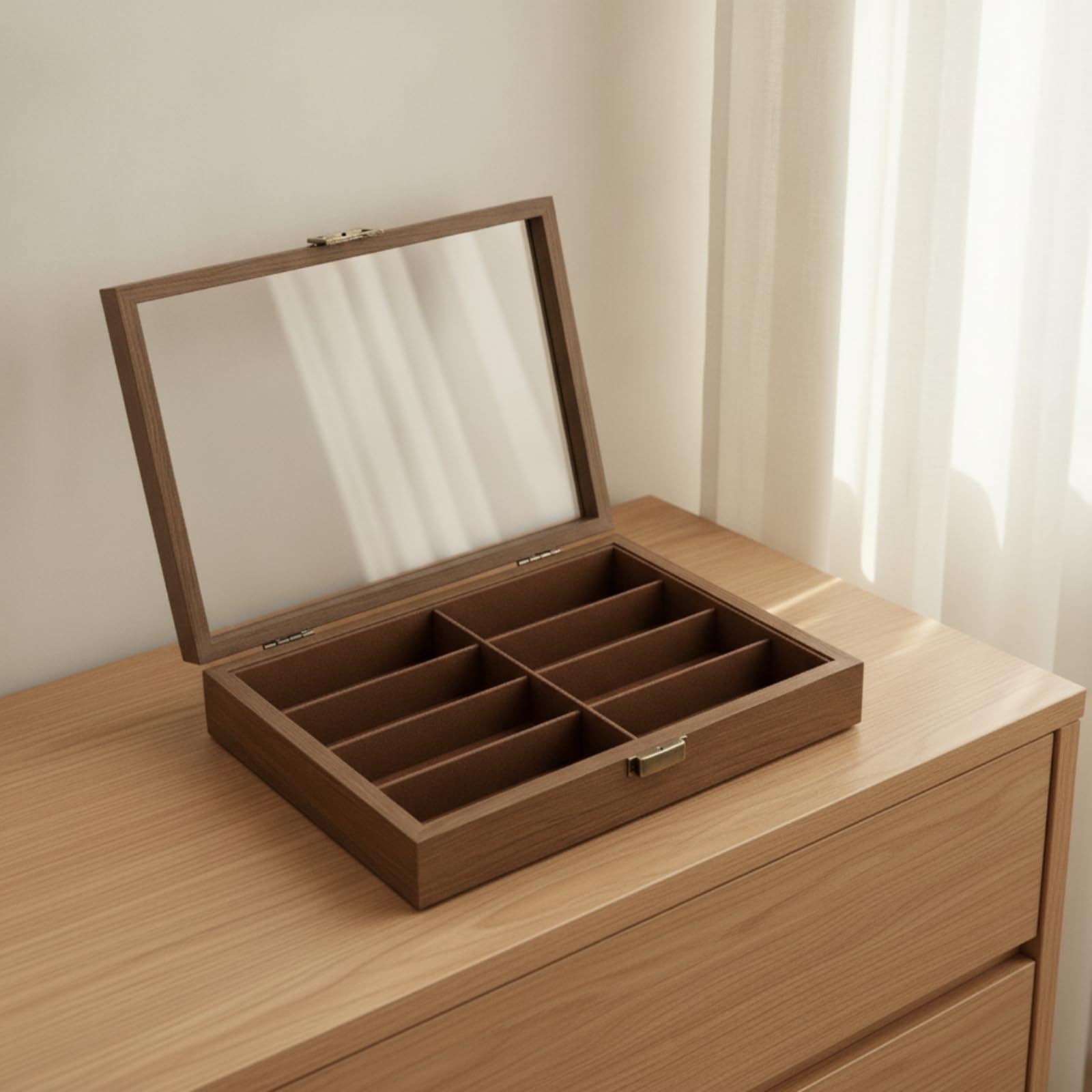 Brillen Aufbewahrungskoffer Brillenetui Brillenorganizer mit Glasfenster Im Deckel Und Sicherem Messingriegel 8 Fächer Sanft Gepolsterte Einlage für