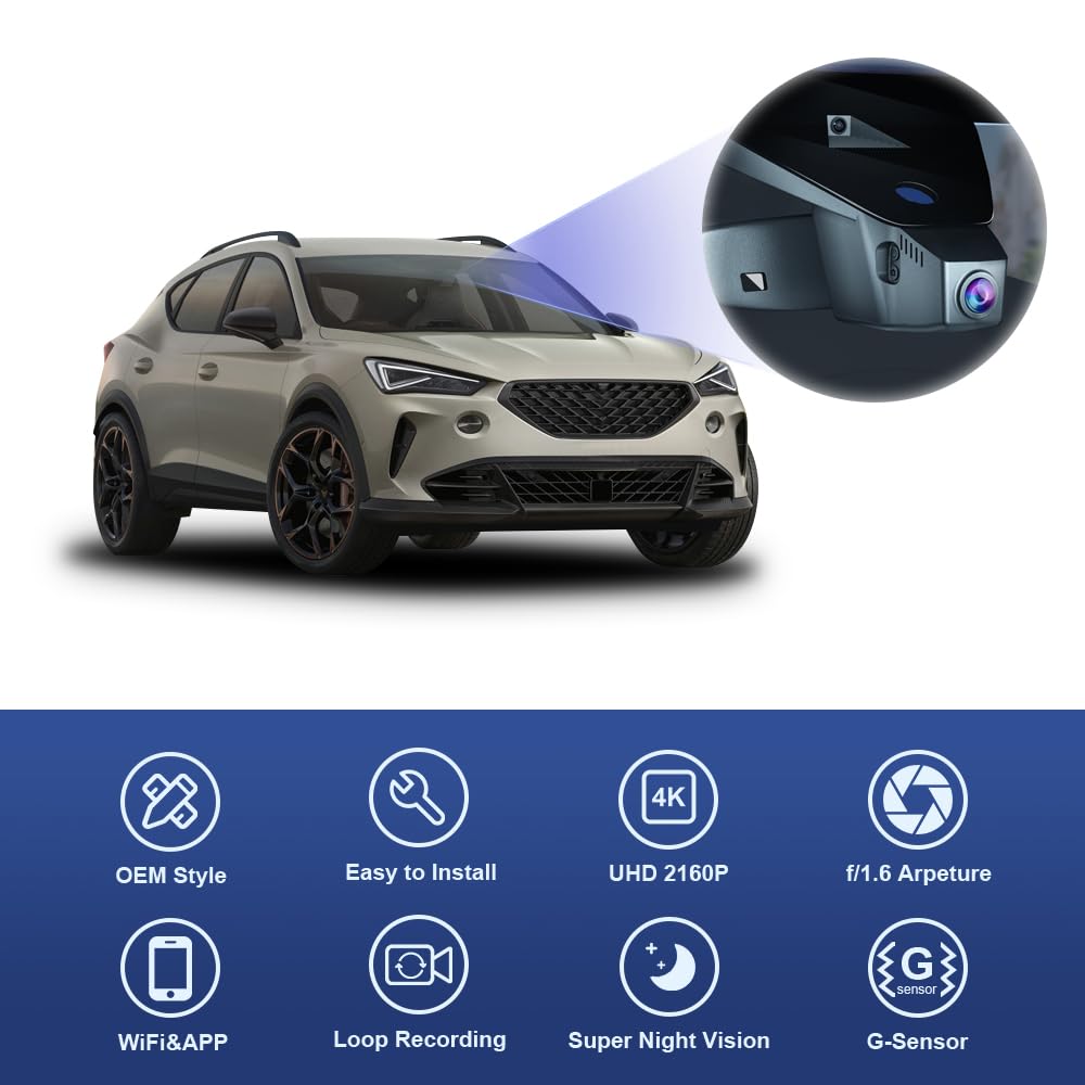Fitcamx Dashcam 4K Adecuada para Cupra Formentor 2021-2024, Adecuada para VW Golf Mk8 GTE GTD GTI R, OEM WiFi Cámara de Coche 2160P UHD Video, Monitor de Aparcamiento, Sensor G, WDR, Tarjeta de 64 GB