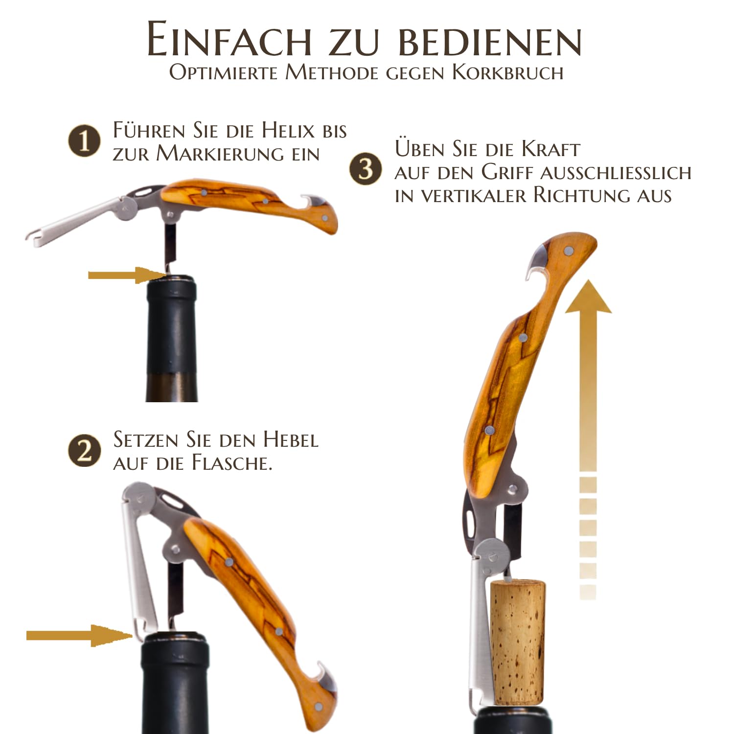 Kellnermesser für Profis FALCORK® 144 Effizienz – Ein-Schritt-Korkenzieher & Flaschenöffner für Intensiven Einsatz in der Gastronomie mit Optimal Markierter Helix & Glattem Griff aus Natur-Olivenholz