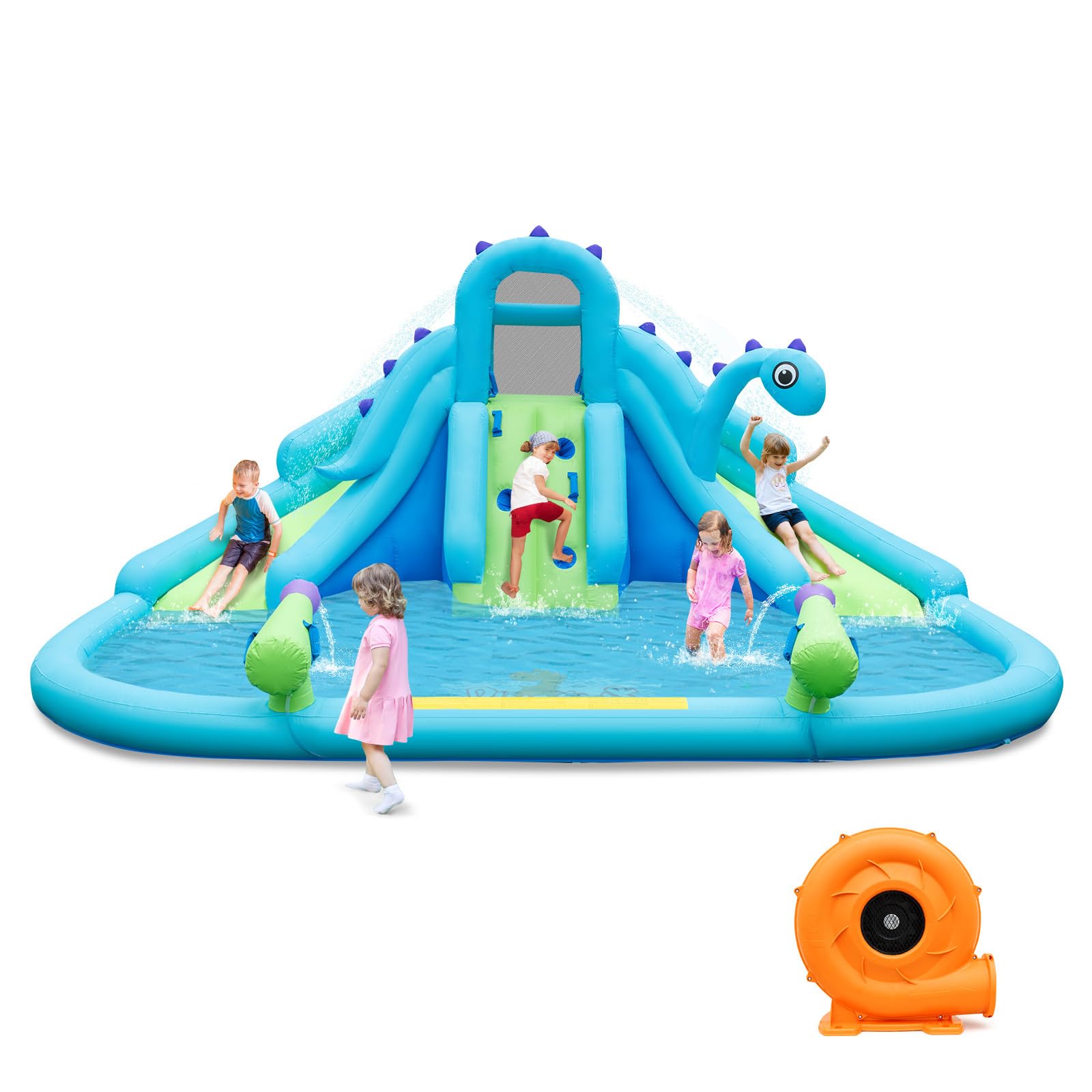 GLACER Inflatable Water Slide Park, Blow up Dinosaur Water Slides w/Splash Pool, Dual Slides, Climbing Wall, Outdoor Backyard Mega Bounce House for Big Kids (with 584W Blower)