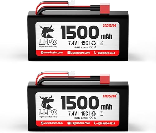 Hosim 2Pack 7.4V Lipo Battery 1500mAh 15C JST-XH-3P Plug 2S Lipo Batteries with Charge for 110 Scale RC Car Hobby Trucks RC Vehicles Truggy Parts