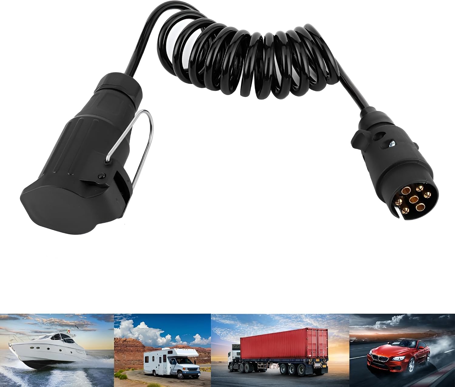 7 to 13 Pin Trailer Wiring Extension Cord, 2m 12V Black