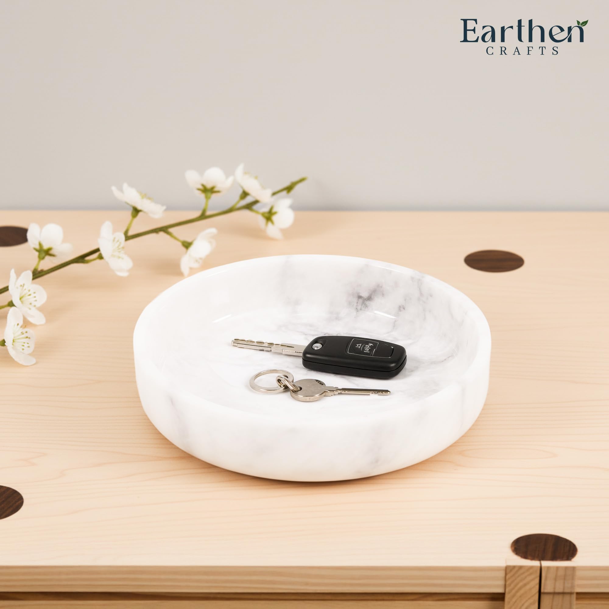 Bol de service en marbre de 20,3 cm, bol décoratif en blanc fait main pour le plan de travail de la cuisine, grand bol à bonbons pour la table basse et la décoration d'entrée