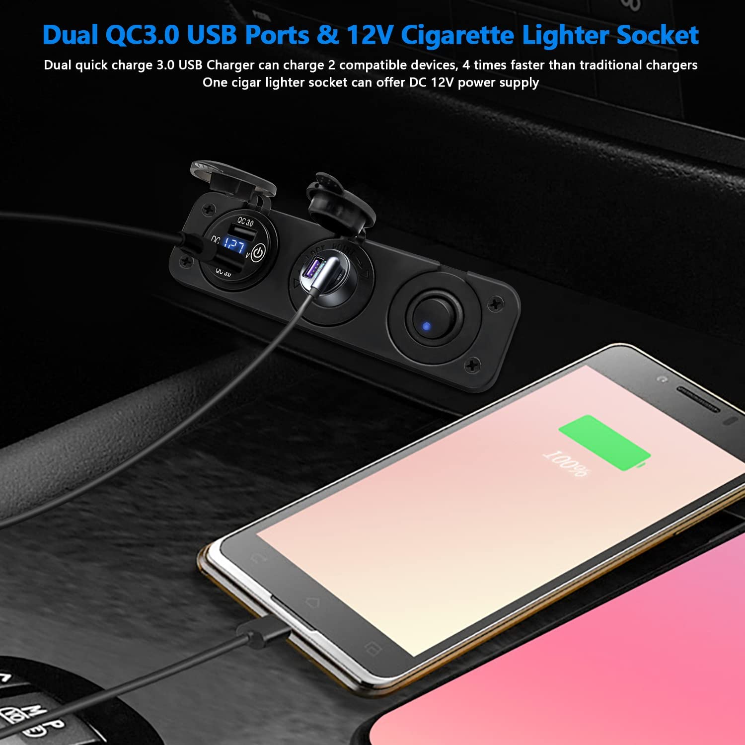 Presa USB da 12 V QC per auto 3.0, presa USB per caricabatterie, adattatore accendisigari a carica rapida, pannello di presa di corrente con voltmetro digitale a LED, per 12 V/24 V