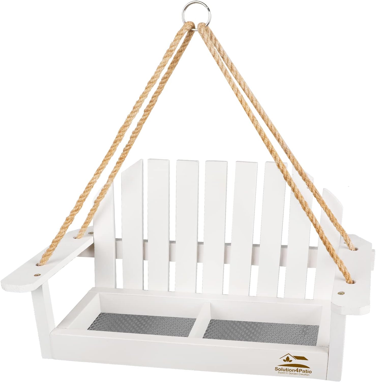 Solution4Patio White Swing Bird Feeder, Squirrel-Proof Metal Mesh Tray with Bench Design, High-Capacity Rust-Resistant Hanging Bird Feeder for Porch & Yard Décor – Easy Fill & Clean