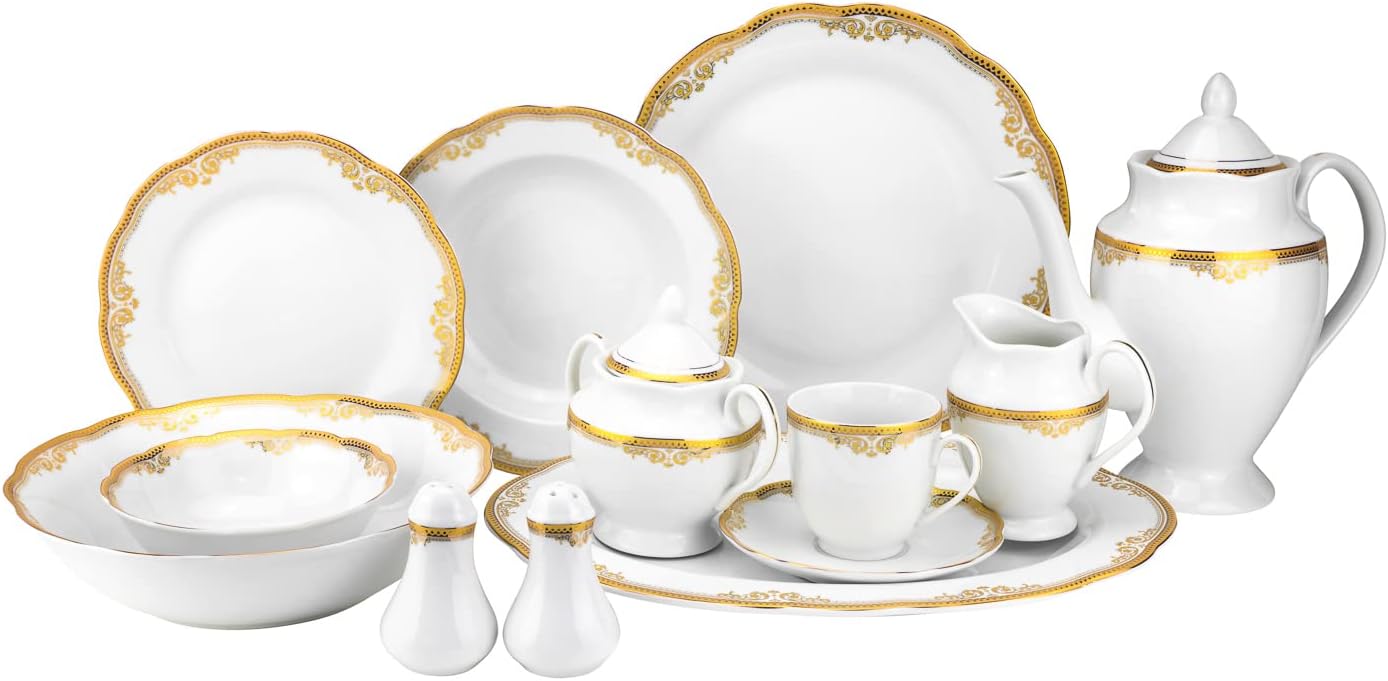 Euro Porcelain 57 piece Banquet Dinnerware Set with Scalloped Edges - Luxury Tableware Dining Service for 8