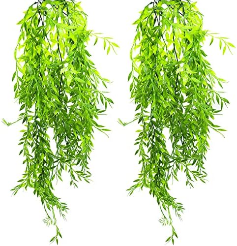 2 Pack Artificial Hanging Plants, Plastic Fake Ferns Ivy Artificial Trailing Plants, Fake Vine Hanging Basket, Faux Plant with Willow Leaves for Indoor Outdoor, Garden, Bedroom, Wall Decoration
