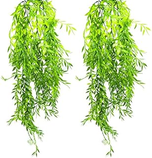 2 Pack Artificial Hanging Plants, Plastic Fake Ferns Ivy Artificial Trailing Plants, Fake Vine Hanging Basket, Faux Plant with Willow Leaves for Indoor Outdoor, Garden, Bedroom, Wall Decoration
