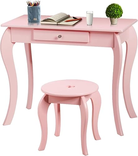Miniatura 9 de KOTEK Tocador para niños con espejo y taburete, juego de mesa y silla de madera 2 en 1 con parte superior desmontable y cajón de almacenamiento,