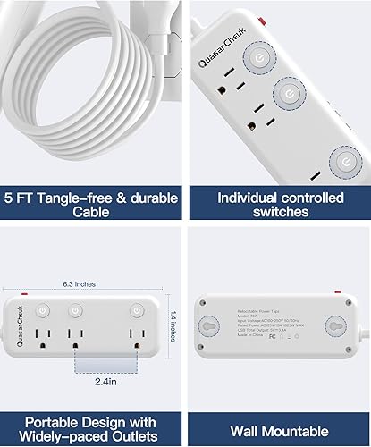 Miniatura 5 de Regleta de alimentación de 2 clavijas, adaptador de salida de 2 clavijas a 3 clavijas, cable de extensión de 2 clavijas con USB-C, 6 salidas y 3