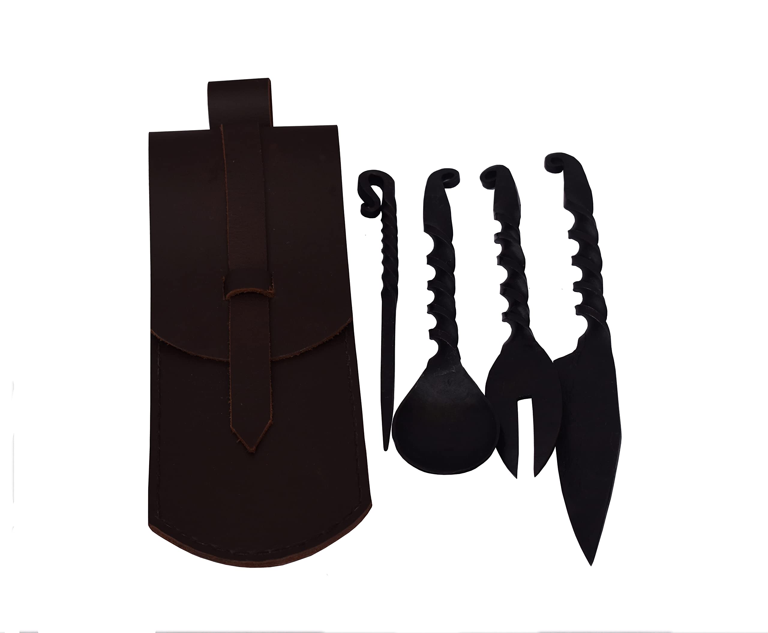 Viking Traders Handgeschmiedetes mittelalterliches gedrehtes Esszimmer-Set mit 4-teiligem funktionalem Gabelmesser, Löffel und Essstäbchen, mittelalterliches Essset, mit Echtledertasche zum Tragen
