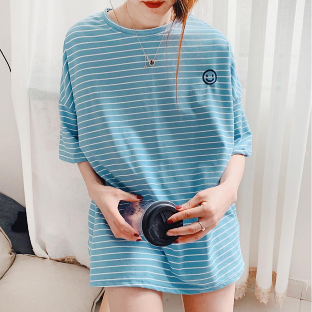 Matching Dog and Owner Clothes,Blue Striped Women Shirt Short Sleeve,Cotton Women Summer Shirt Crewneck,Casual Women T-Shirt Summer Tops Loose Fit(Owner XL)