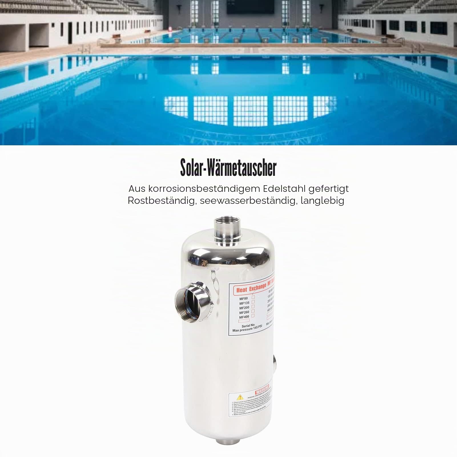Fockety Pool-Wärmetauscher, 40 KW Edelstahl-Rohrmantel-Wärmetauscher, Salzwasser-Wärmetauscher mit Seitlichem 1,77-Zoll-Innengewinde für Spa, Schwimmbad, Solar-Pool-Heizung