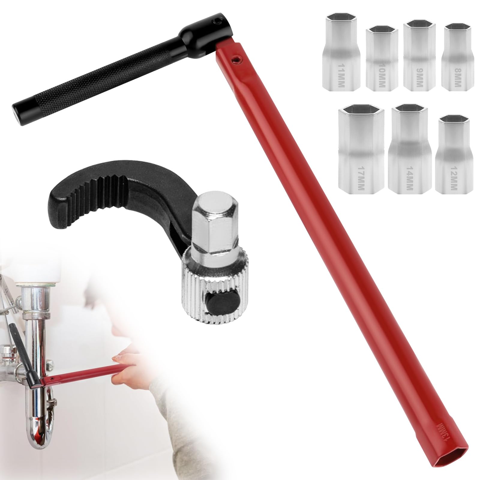 Adjustable Tap Spanner Set including 7 Changeable 8-17mm Nut, Faucet Bathroom Back Nut Installation & Disassemble Tools Kit