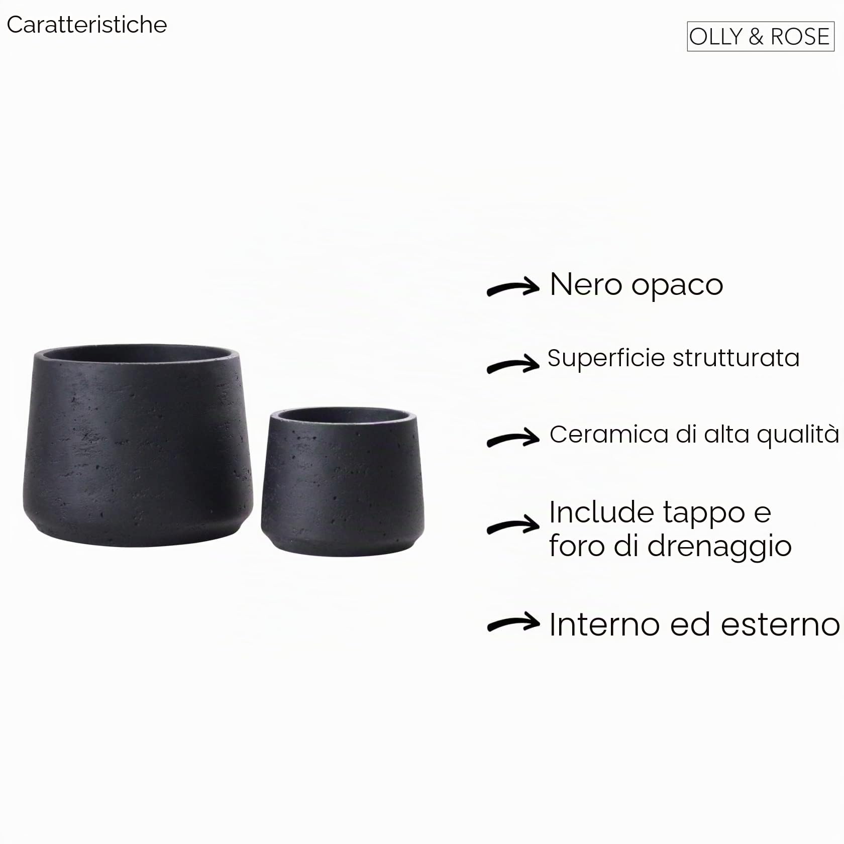 Copenhagen - Set di 2 vasi per piante in ceramica nera opaca, per interni ed esterni, effetto testurizzato, vasi grandi e medi