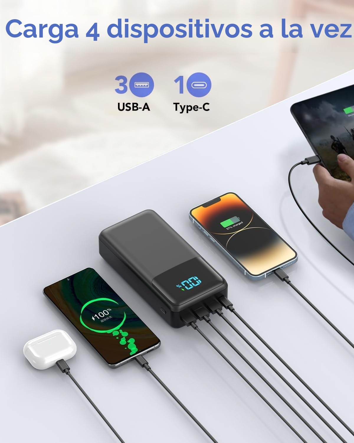 Powerbank 60000 mAh de Gran Capacidad, 22,5 W Carga rápida, USB-C 4 Salidas, Batería Externa Pantalla LED, Batería Externa Compatible con iPhone Tabletas Android, etc