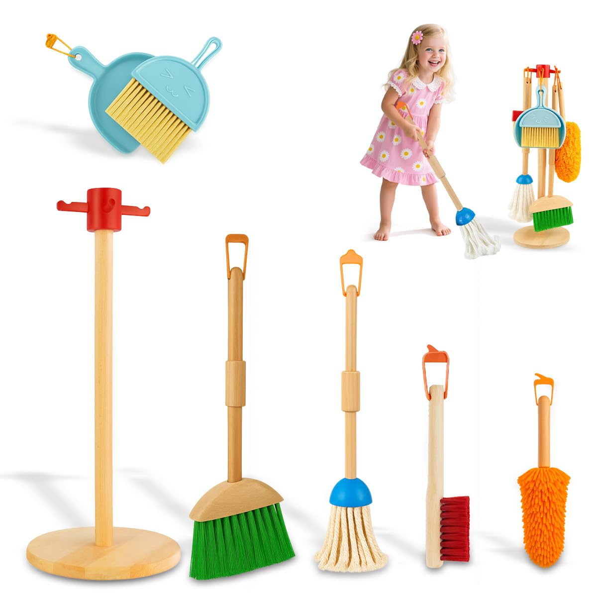 7 PCs Wooden Cleaning Set For Kids, Pretend Play Housekeeping Role Play Toy with Mop Broom Dustpan Sponge Brush, Complete Cleaning Tools Kit for Little Helpers, Educational Gift Children Ages 3+ Year — image 1
