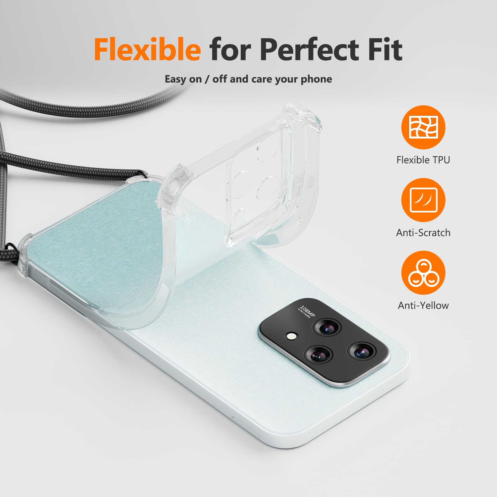 Custodia Con Cordino Per Honor 200 Pro – Cover TPU Trasparente Morbida, Antiurto, Regolabile, Colore Nero