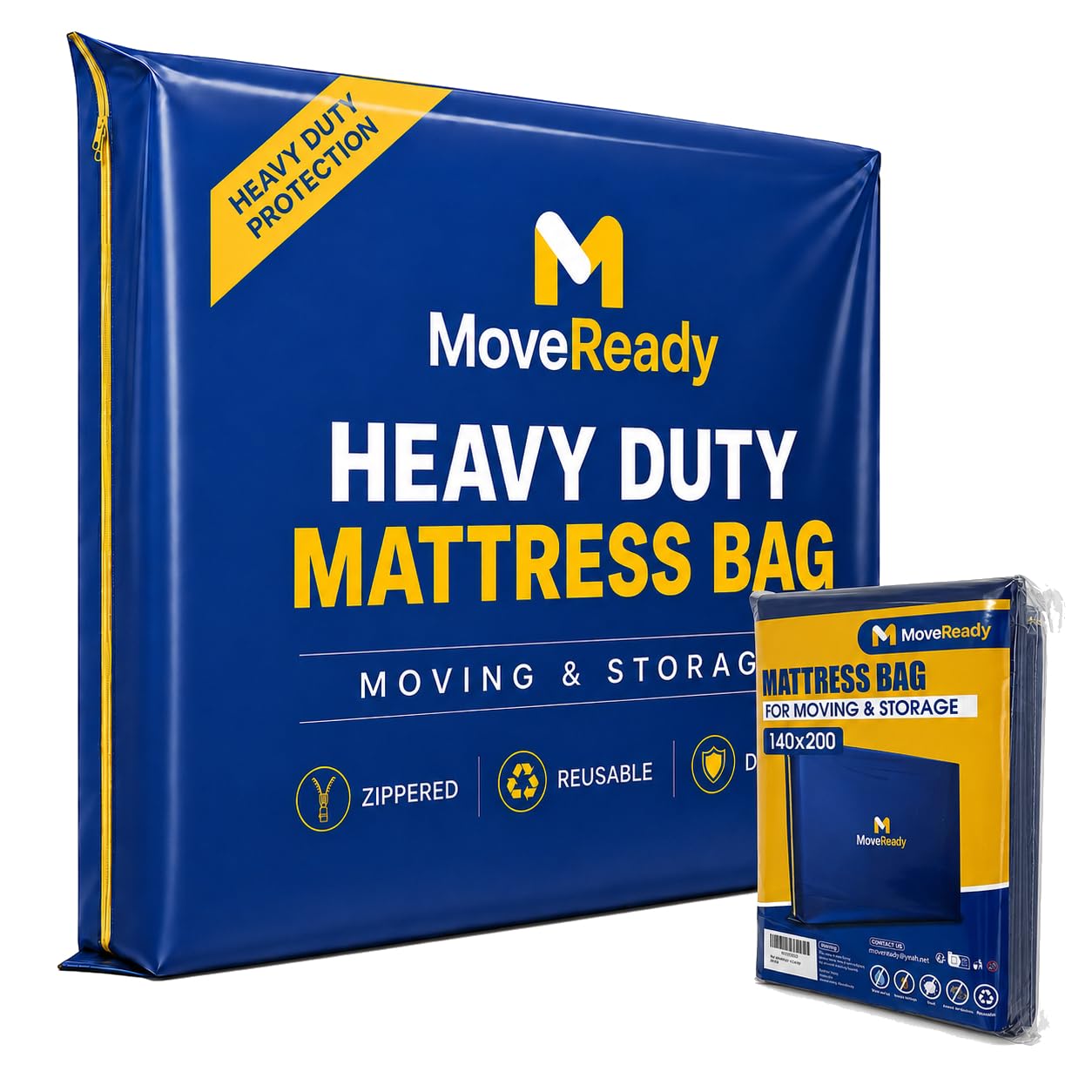 MoveReady Heavy-Duty Reusable Mattress Bag with Dual-Zipper Closure, Royal Blue, 5 MIL, for Moving and Storage (Double)