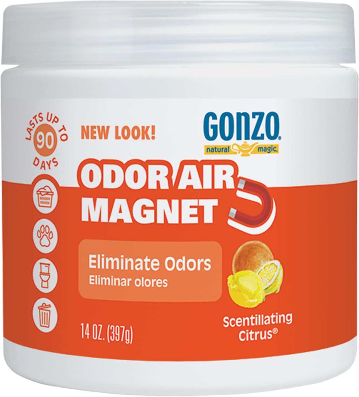 Gonzo Natural Magic Odor Air Magnet - Eliminates Odors from Closets, RV's, Rental Properties, Cars, Pet Areas, Bathrooms, Trash Areas Caused by Smoke, Pets, Garbage, 14oz, Citrus Scent