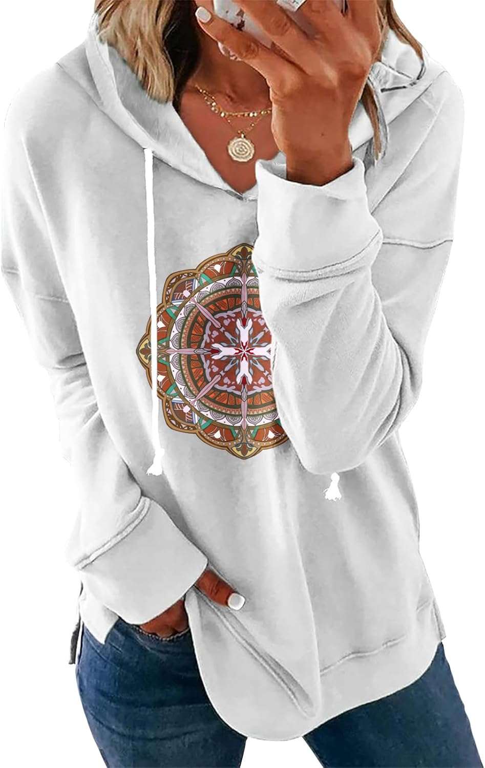 Womens Casual Loose Fit Pullover Sweatshirt with Artistic Print Drawstring Hood Long Sleeve Cotton Blend for Fall