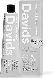 Davids Charcoal Toothpaste for Enhanced Teeth Whitening, Peppermint, Antiplaque, Flouride Free, SLS Free, Enamel Safe, Recyclable Metal Tube, 5.25oz
