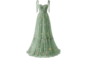 Women's Light Green Tulle Prom Dress with Floral Embroidery