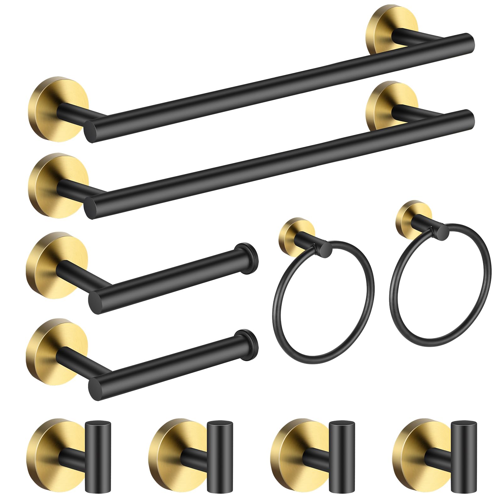 Bathroom Hardware Set 24 Inch, Black Gold Towel Bar Set Including 24" Hand Towel Bars, Toilet Paper Holders, Towel Rings, Robe Towel Hooks Black Gold-10pcs-24inch