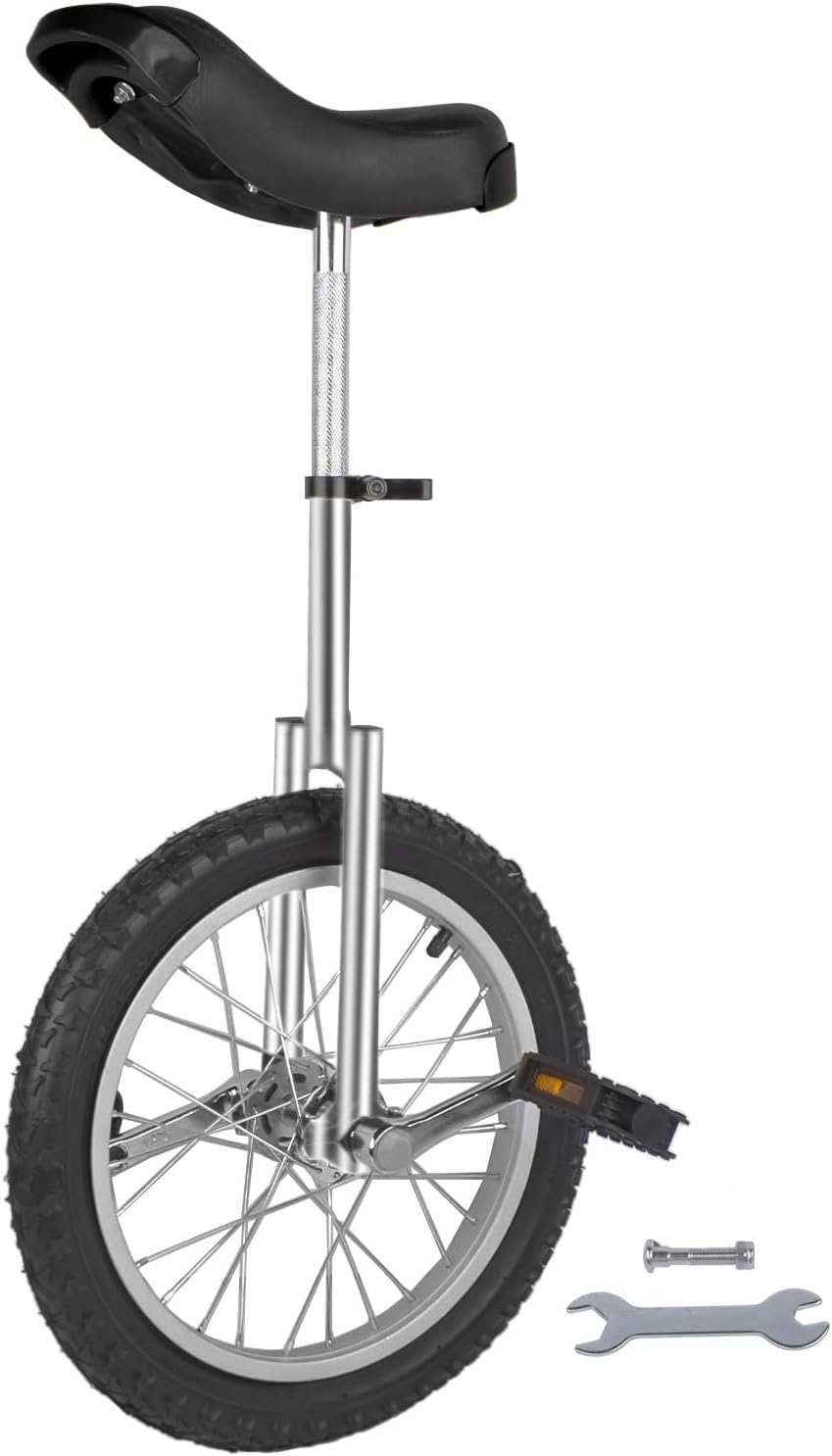 16 Inch Height Adjustable Unicycle for Balance Training, Outdoor Fitness & Circus Performance, Durable Steel Frame, Anti-Slip Pedals, Comfortable PU Seat, Easy Assembly - Silver