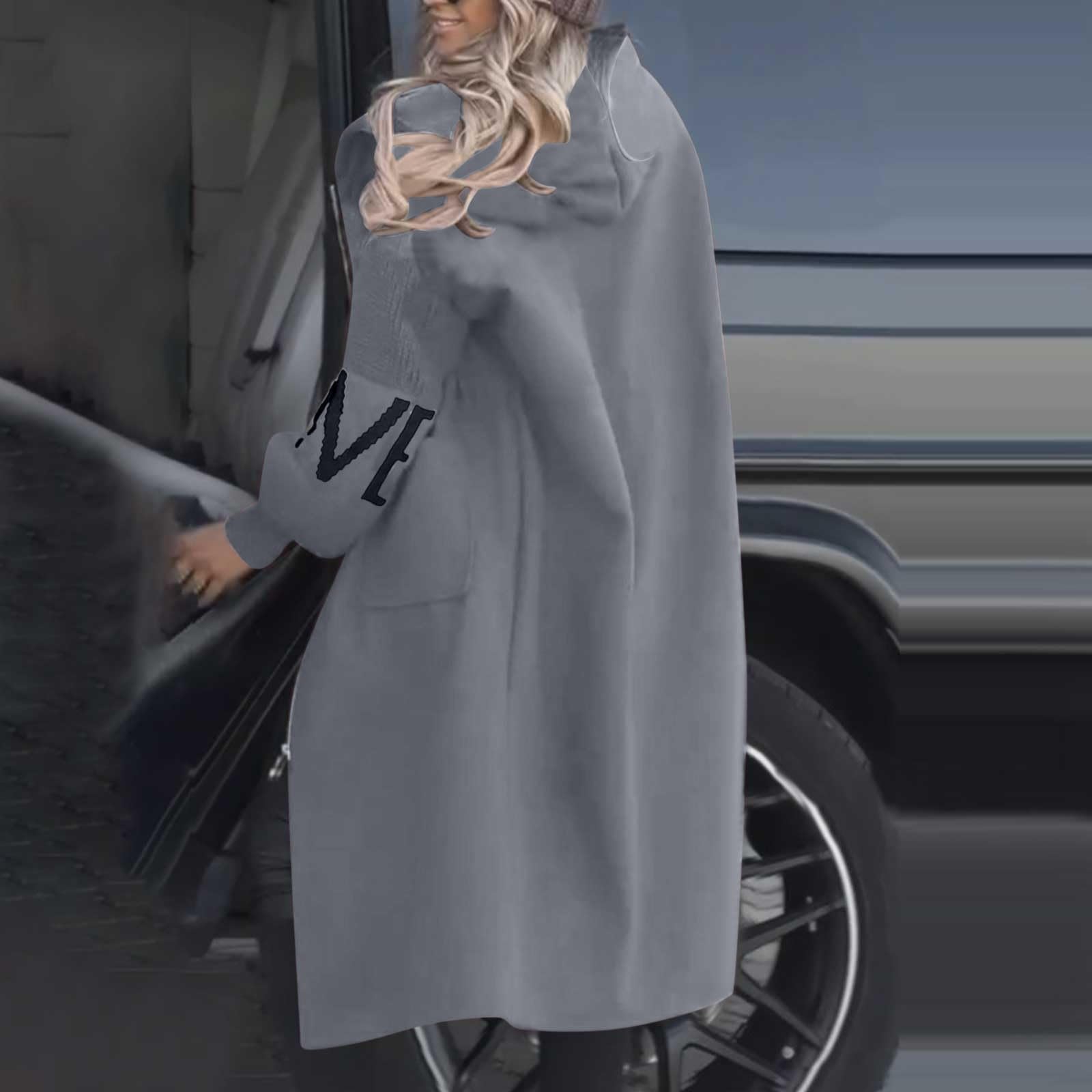 2026 Sudaderas con capucha larga chaqueta para mujer Letra de punto patchwork manga larga casual con cordón cintura ropa exterior con bolsillos