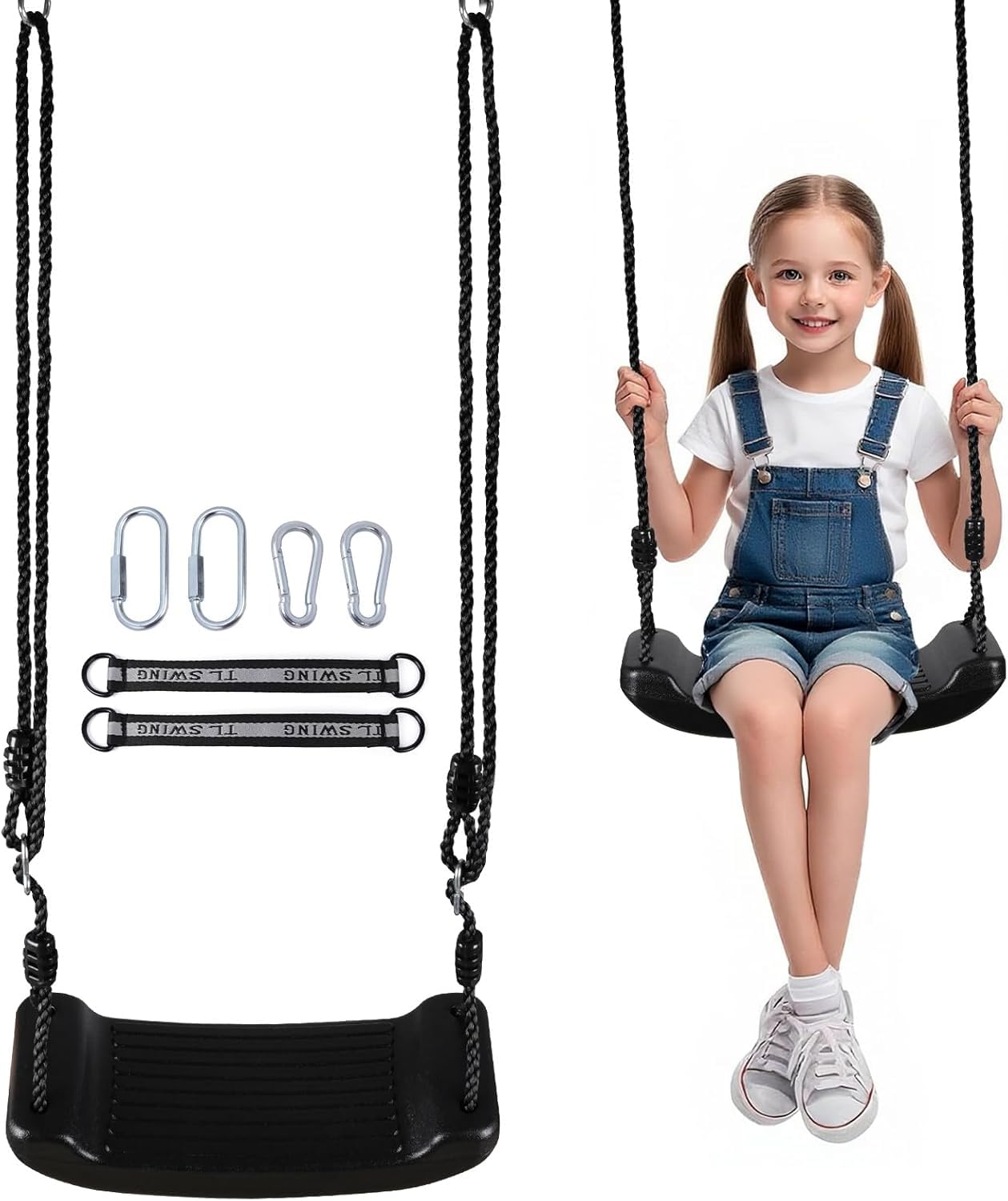 Garden Swing, Height Adjustable Swing for Children, Outdoor, with 2 Hammock Straps and 4 Carabiners, for Children, Garden, Indoor and Camping