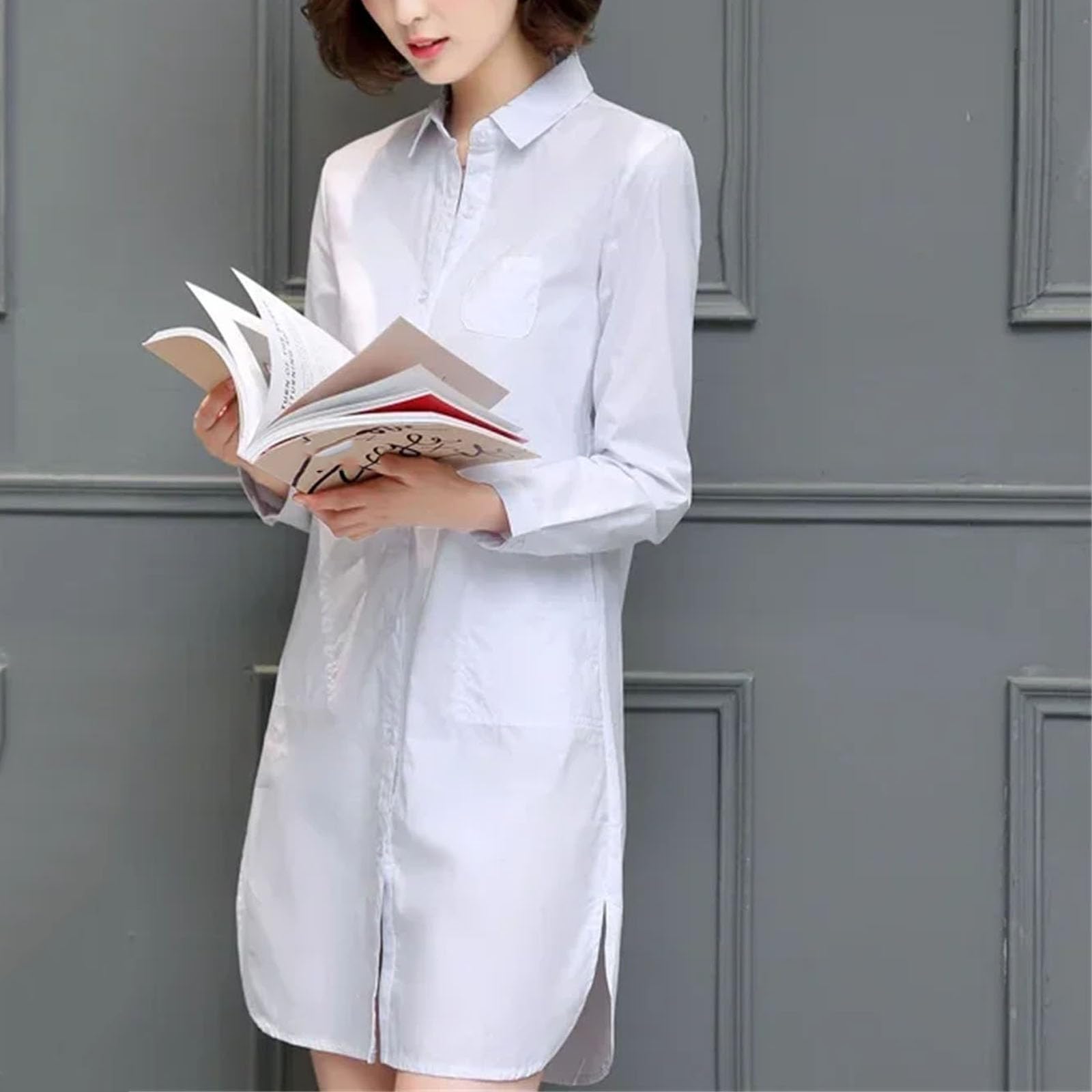 Camicette lunghe da donna in cotone bianco con tasche camicia casual con bottoni tinta unita camicette top