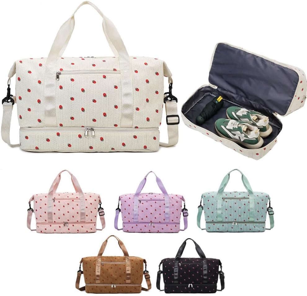 Strawberry Duffle Bag for Girls,Corduroy Gym Bag with Shoe Compartment & Wet Pocket,Cute Travel Bag Weekend Bag Dance Bag for Kids (pink)