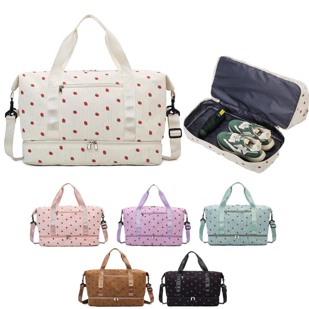 Strawberry Duffel Bag for Girls,Corduroy Gym Bag with Shoe Compartment & Wet Pocket,Cute Travel Bag Weekend Bag Dance Bag for Kids (Brown)