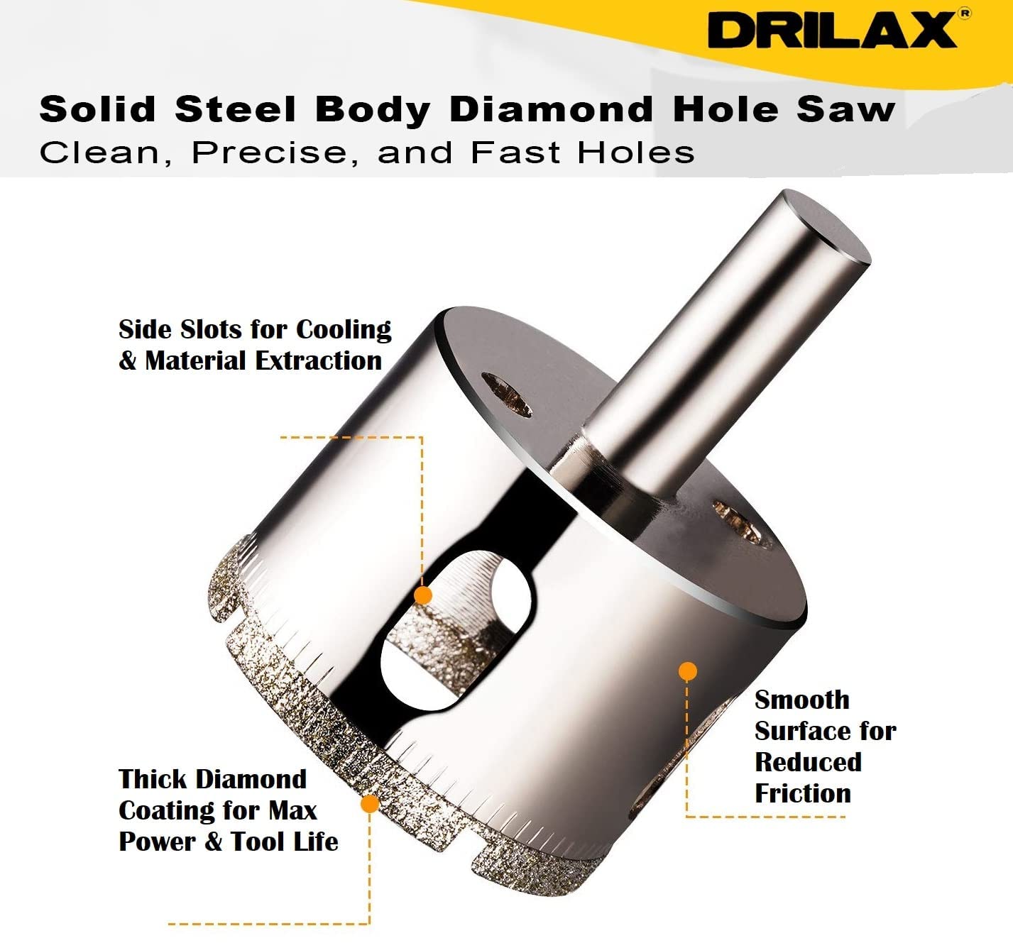 Drilax 1-3/4 Inch Diamond Hole Saw | 3/8" Shank, 1-1/8" Depth | for Shower Valves, Recessed Lights, Glass Jug Lamps | Drills Tile, Granite, Glass, Stone