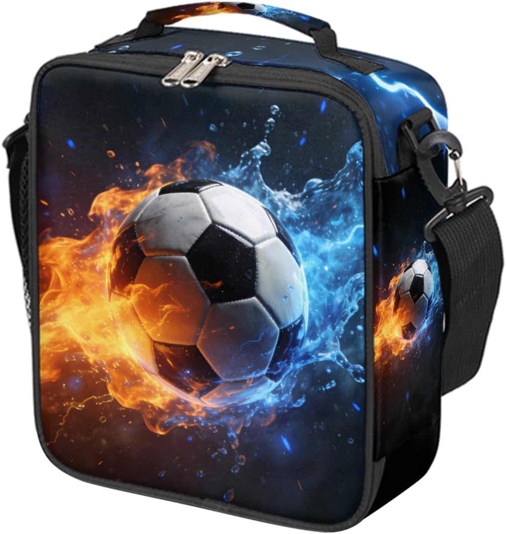 Fire Water Lightning Soccer Kids Lunch Bag for Boys Girls, Reusable Insulated Leakproof Lunch Box with Shoulder Strap, Toddler Cooler Tote for School Picnic Travel Beach Hiking Fishing
