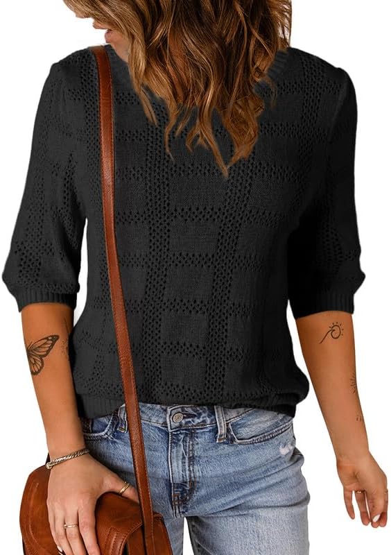 Dokotoo Womens Fashion Ladies Plus Size Summer 3/4 Short Sleeve Tunic Tops for Women Trendy Blouses Solid Color Pullover Sweaters Casual T-Shirts Work Business Loose Tee Shirts Black XX-Large - Image 2