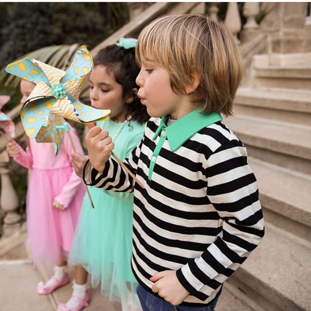 Ozkiz Boy's Black and White Striped Pollo Shirt Long Sleeves Green Collar - Image 5
