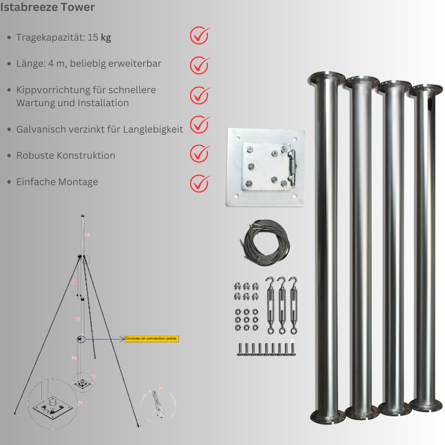 Turbine éolienne Accessoires et mât pliable pour une capacité de charge de 15 à 40 kg (mât pliable de 4 m jusqu'à 15 kg)
