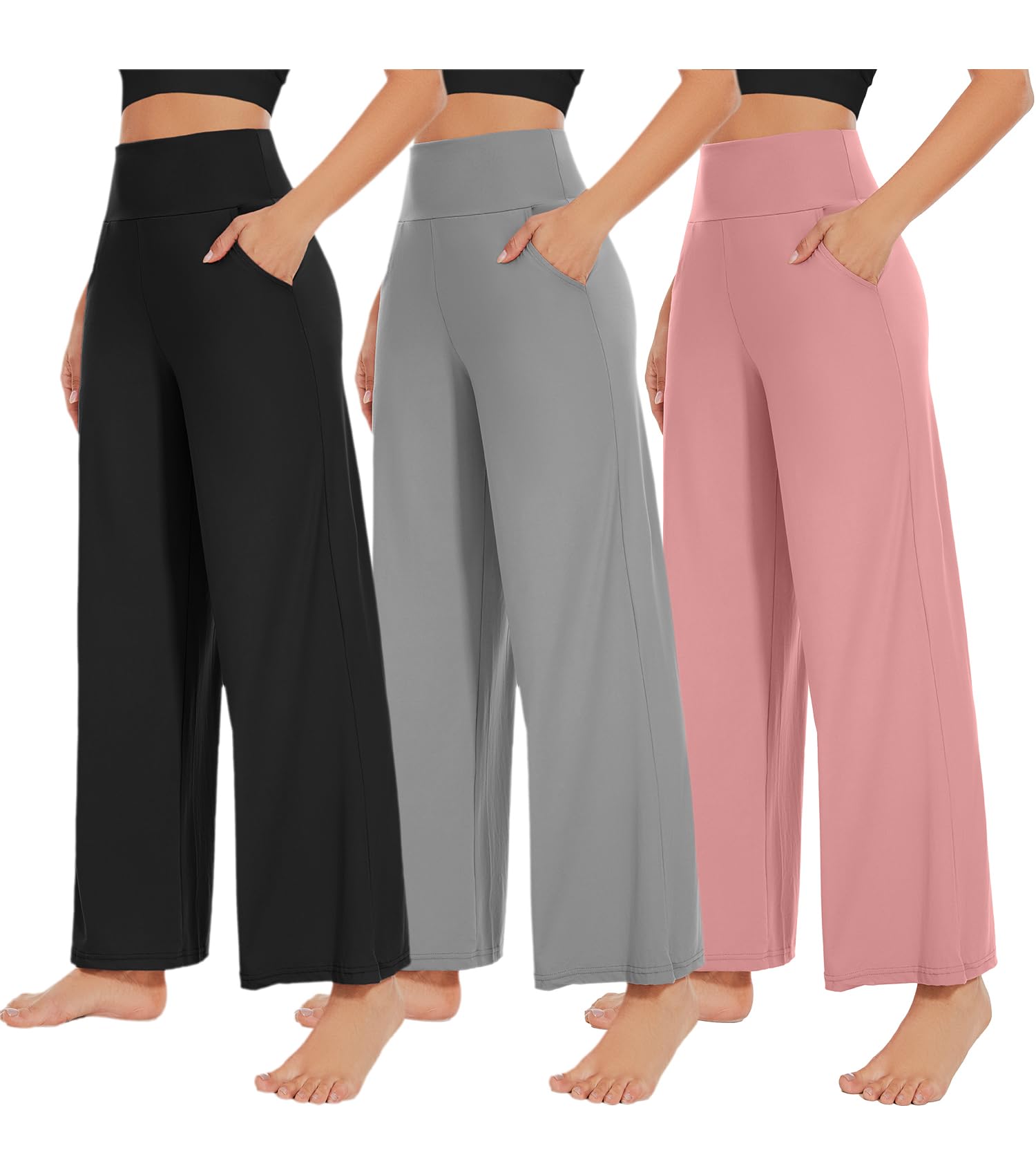 NEW YOUNG 3 Pack Women's Wide Leg Pants with Pockets High Waist Loose Sweatpants Casual Lounge Yoga Workout Palazzo