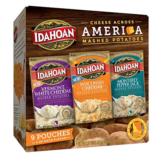 Idahoan Variety Pack featuring Vermont White Cheddar, Wisconsin Cheddar, and Monterey Pepper Jack Mashed Potatoes, Cheese Across America Pack of 9 Pouches (4 servings each)