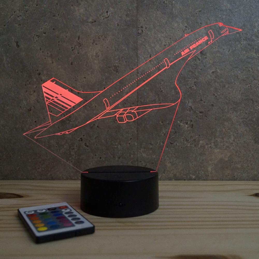 Lampe LED 3D Concorde – Veilleuse 16 Couleurs + Télécommande – Cadeau Passion Aviation & Avion Supersonique – Décoration Aéronautique – Fabrication Française Artisanale